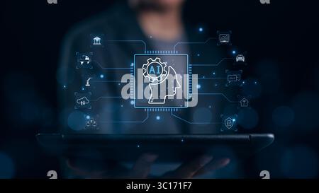 Homme d'affaires utilise la technologie logicielle d'IA pour les tâches commerciales et la vie quotidienne. Chat ai et invite de commande pour générer la réponse qu'il veut. robot intelligent Banque D'Images