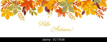 Bannière saisonnière d'automne avec des feuilles colorées isolées sur fond blanc Illustration de Vecteur
