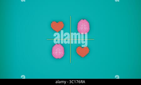 Deux cerveaux 3D rose brillant et deux coeurs pixélisés orange alternent dans chaque quadrant d'une croix dorée sur un fond turquoise lisse, symbolisant le i. Banque D'Images