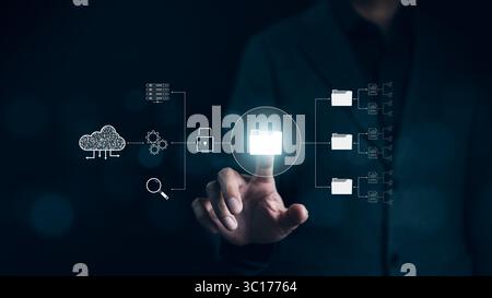 Concept de système de gestion de documents DMS. Homme d'affaires travaillant et utilisant la technologie de logiciel de gestion de base de données de documentation en ligne. Automatisation des processus Banque D'Images