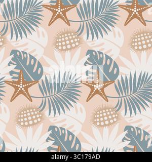 Fond de modèle tropical sans couture, feuilles exotiques, feuille de monstera et de palmier, étoiles de mer d'animaux marins et oursin. Illustration vectorielle Illustration de Vecteur