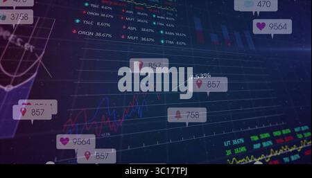 Affichage de l'interface numérique montrant les tendances rouges et bleues au bureau de trading, avec des icônes d'interface flottantes Banque D'Images