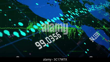 Affichage de la carte du monde sur le tableau de bord, avec des marqueurs cyan, des graphiques à barres vertes, des étiquettes numériques blanches Banque D'Images