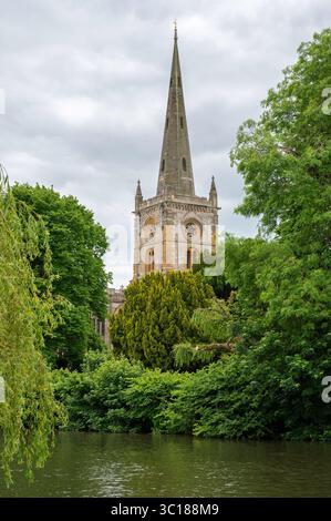 Vue pittoresque le long de la rivière Avon avec la flèche de l'église Holy Trinity montrant à travers les arbres à Stratford-upon-Avon, Warwickshire, Angleterre, Royaume-Uni Banque D'Images