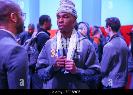 28 janvier 2019 - Atlanta, Géorgie, États-Unis - le cornerback des Rams de Los Angeles Troy Hill (32) s'adresse aux médias lors du Super Bowl VIII Media Day à la State Farm Arena. (Crédit image : © Frank Mattia/ZUMA Wire) Banque D'Images