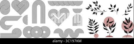 Set d'arche Zen, arche de ligne simple, éléments botaniques et formes géométriques. Éléments minimaux de motif zen japonais géométrique. Bandes de style bohémien Illustration de Vecteur