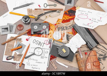 Espace de travail créatif sur le thème OSINT avec des outils vintage, des notes manuscrites et des éléments de presse sur une table grunge. Accessoires thématiques, plat, vue de dessus Banque D'Images
