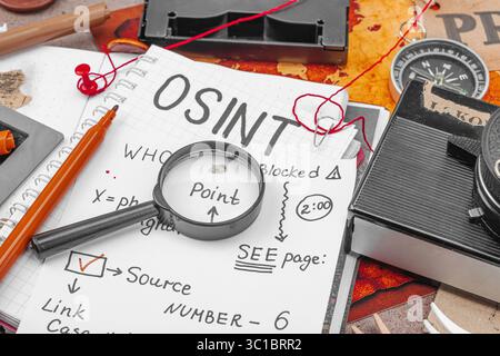 Espace de travail créatif sur le thème OSINT avec des outils vintage, des notes manuscrites et des éléments de presse sur une table grunge. Accessoires thématiques, pose à plat, gros plan Banque D'Images