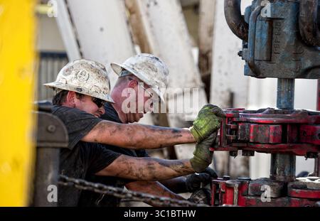 27 septembre 2011 - Williston, Minnesota, États-Unis - Une équipe de Kodiak Gas & Oil Corp a retiré du sol une tige de forage sur la plate-forme de forage 328 près de Watford City, Dakota du Nord. De gauche à droite sont Harmon ''Bronc'' Jasperson et Brandon Lewis. EDS : les noms sont cq de Jerry Myers, directeur du district de Kodiak. Harmon ''Bronc'' Jasperson a un chapeau blanc avec des lunettes noires, Brandon Lewis a un chapeau blanc avec des lunettes transparentes, et Brendan Brown a un chapeau brun et des lunettes transparentes. (Crédit image : Glen Stubbe/Minneapolis Star Tribune/TNS via ZUMA Wire) Banque D'Images