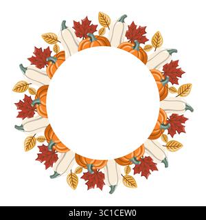 Cadre de citrouille dans un style d'automne festif avec des feuilles d'érable et jaunes. Illustration isolée vectorielle sur fond blanc Illustration de Vecteur