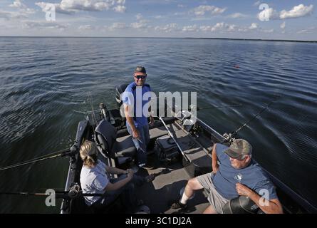 21 juillet 2015 - Isle, MN, États-Unis - le guide de pêche Tim Ajax a emmené Suzy Anderson et George Nitti pour un rapide voyage sur le lac des mille Lacs mardi. E ministère des ressources naturelles du Minnesota a annoncé aujourd'hui que le relevé des nappes de la semaine dernière sur les récoltes estimées, les rejets et les morts de dorés jaunes sur le lac mille Lacs au cours des deux premières semaines de juillet a montré des augmentations drastiques qui pourraient entraîner l'état à atteindre sa limite d'ici juillet 29. - 21 juillet 2015, Isle, MN, Une ''tempête parfaite'' d'événements pourrait amener l'État à fermer la pêche au doré jaune sur le lac des mille Lacs le mois prochain - une décision sans précédent sur le plus populaire Banque D'Images
