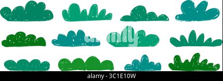 Buissons de crayon dessinés à la main et collection. Ensemble herbe verte et arbustes. Arbustes griffonnés en forme de faisceau. Eléments de feuillage esquissés au crayon. Pack de plantes de verdure de dessin animé griffonné. Illustration vectorielle Illustration de Vecteur