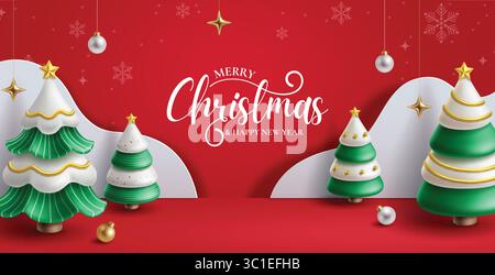 Joyeux Noël voeux clipart conception de bannière. Joyeux Noël et texte de bonne année avec un sapin élégant et un clip art de style coupé en papier blanc Illustration de Vecteur