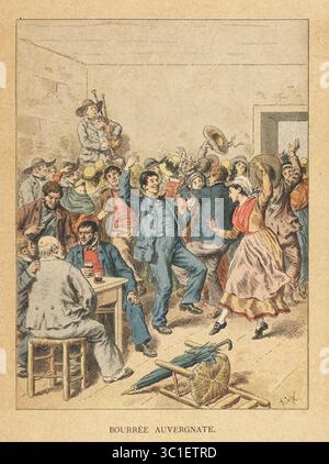 Ouvriers dansant le borry à Augergne, France, XIXe siècle. Un cornemuse se tient sur une table dans le coin tandis que les hommes et les femmes dansent une danse folklorique animée appelée bourree ou bore. Les hommes s'assoient à une table et boivent du vin. Bourree auvergnate. Chromolithographie de S. Krakow d'après une illustration de Frédéric Lix tirée des peuples de la terre de Charles Delon, peuples de la Terre, Paris, 1890. Banque D'Images