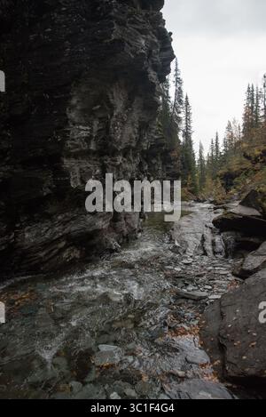 Brakkåfallet est une cataracte impressionnante juste à côté de Vildmarksvägen dans le comté de Jämtlands dans le nord de la Suède. Banque D'Images