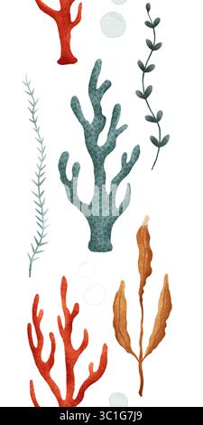 Superbes motifs corail et algues qui sont idéaux pour les projets créatifs marins et océaniques. Bordure verticale sans couture dessinée à la main isolée. Banque D'Images