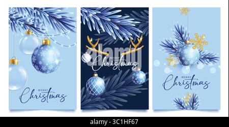 Joyeux Noël voeux clipart design d'affiche. Joyeux Noël texte clip art avec feuilles de sapin bleu, boules de Noël suspendues et flocons de neige Illustration de Vecteur