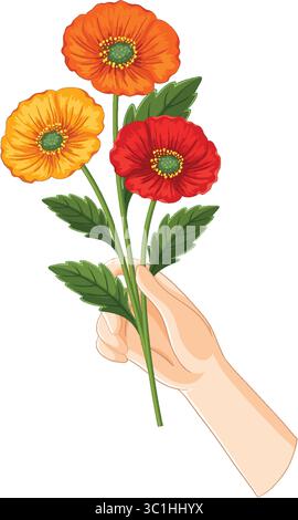 Illustration vectorielle colorée d'une main tenant trois coquelicots avec des pétales et des feuilles détaillées Illustration de Vecteur