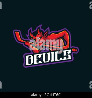 Vecteur de conception de logo de mascotte de Devils avec un style de concept d'illustration moderne pour l'impression de badge, d'emblème et de t-shirt. Illustration de hockey des Devils. Illustration de Vecteur