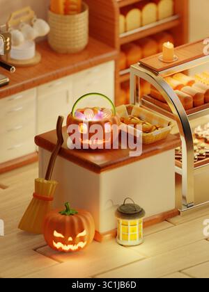 Intérieur de boulangerie festif avec des éléments d'Halloween. Illustration de rendu 3D. Banque D'Images