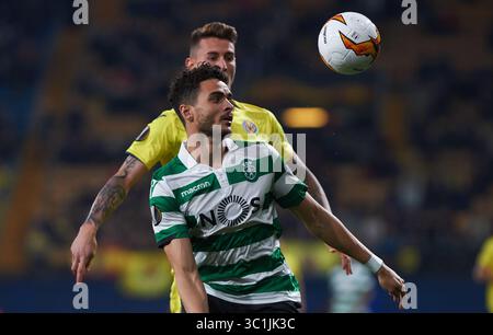 21 février 2019 - Villarreal, Castellon, Espagne - Daniel Raba de Villarreal CF et Tiago Ilori de Sporting Lisboa lors du match de deuxième manche 32 de l'UEFA Europa League entre Villarreal et Sporting Lisboa à l'Estadio de la Ceramica le 21 février 2019 à Vila-Real, Espagne. (Crédit image : © AFP7 via ZUMA Wire) Banque D'Images