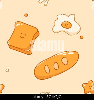 Motif sans couture dans les couleurs boho avec mignon pain, oeuf et toast avec des sourires. Illustration de Vecteur