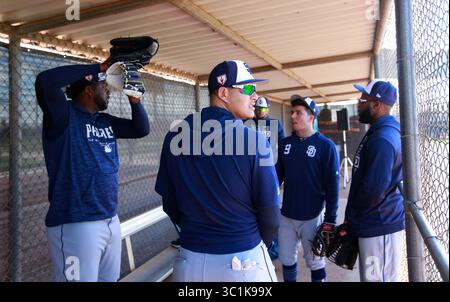 23 février 2019 - Peoria, ARIZONA, États-Unis - San Diego Padres Manny Machado, centre, et d'autres attendent pour commencer une pratique d'entraînement de printemps le 23 février 2019. (Crédit image : © K.C. Alfred/San Diego Union-Tribune via ZUMA Wire) Banque D'Images