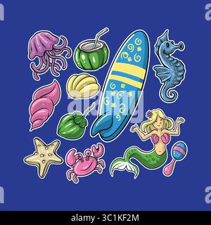Conception de logo de mascotte de plage avec style de concept d'illustration moderne pour l'impression de badge, emblème et t-shirt. Illustration du pack d'autocollants de plage. Illustration de Vecteur
