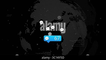 Bulle bleue de notification de chat montrant 67 flottant au-dessus de la Terre pointillée dans l'interface utilisateur de données, avec des icônes de chat Banque D'Images