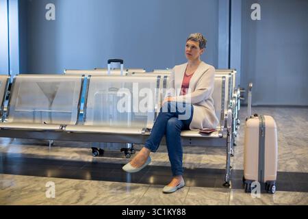Femme d'âge moyen assise dans le salon de l'aéroport attendant l'annonce à côté de deux valises roulantes Banque D'Images