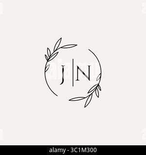 Conception de logo monogramme de mariage de lettre JN avec graphique vectoriel de cadre de feuille de cercle naturel simple Illustration de Vecteur