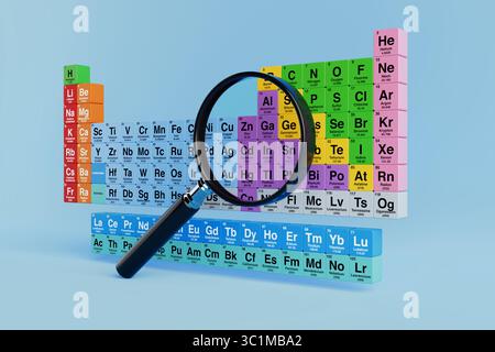 Concept de recherche scientifique. Loupe se concentrant sur le tableau périodique des éléments avec des blocs colorés sur fond bleu. Rendu 3D. Banque D'Images