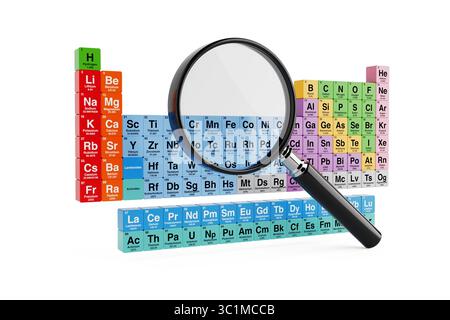 Concept de recherche scientifique. Loupe se concentrant sur le tableau périodique des éléments avec des blocs colorés sur fond blanc. Rendu 3D. Banque D'Images