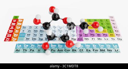 Science et concept de recherche. Modèle de structure moléculaire placé sur le tableau périodique coloré des éléments Extreme gros plan. Rendu 3D. Banque D'Images