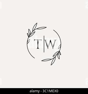 Design de logo monogramme de mariage de lettre TW avec graphique vectoriel de cadre de feuille de cercle naturel simple Illustration de Vecteur