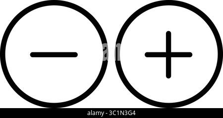 Plus moins Ajouter soustraire cercle rond ligne contour bouton mathématique Zoom avant positif négatif Set icône signe symbole Noir Blanc illustration graphique Illustration de Vecteur