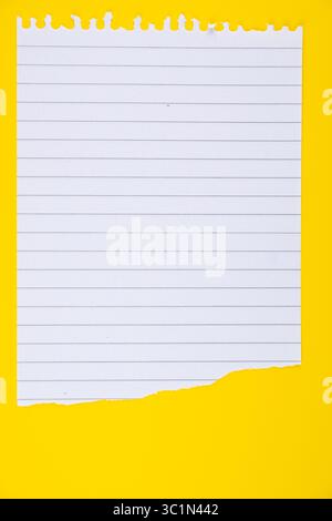 Papier ligné blanc déchiré en bas sur fond jaune vif pour la prise de notes, l'écriture, ou à des fins éducatives Banque D'Images