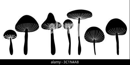 Ensemble vectoriel de silhouette noire stylisée mouche agarics clip arts Collection d'impression de champignons magiques amanita pour cartes postales, illustrations de livre, bâton Illustration de Vecteur