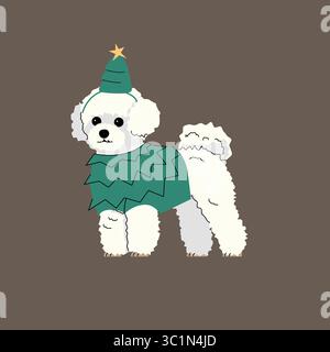Chien de frise de bichon de dessin animé mignon portant un costume d'arbre de Noël vert avec un chapeau d'étoile. Illustration festive d'animal de compagnie de vacances dans un style plat sur un brun Illustration de Vecteur