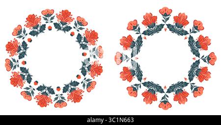 Ensemble vectoriel de cadres avec des fleurs décoratives et un espace de copie. Collection de cercles avec des fleurs rouges stylisées. Bordures florales pour invitation Illustration de Vecteur