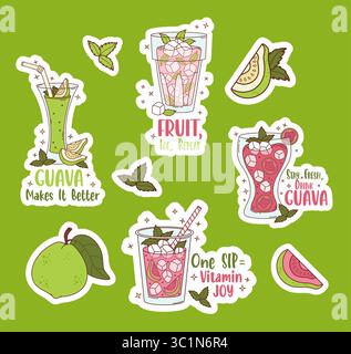 Autocollants de boisson rafraîchissante à la goyave avec citations. Smoothie aux fruits tropicaux d'été avec glaçons, paille et feuilles de menthe. Illustration vectorielle. Exoti isolé Illustration de Vecteur