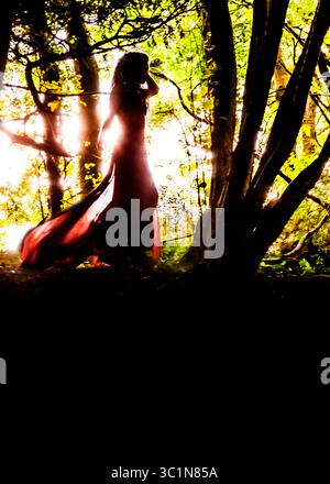 Une femme en robe rouge se tient dans une forêt, avec le soleil brille à travers les arbres. Banque D'Images