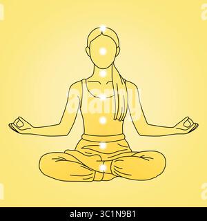 Localisation des chakras dans le corps. Silhouette de femme en position Lotus sur fond jaune, illustration Banque D'Images