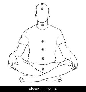 Localisation des chakras dans le corps. Silhouette de l'homme en position Lotus sur fond blanc, illustration Banque D'Images