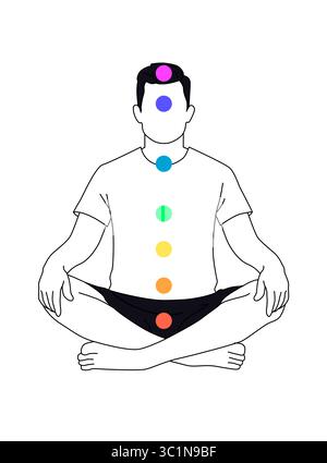 Localisation des chakras dans le corps. Silhouette de l'homme en position Lotus sur fond blanc, illustration Banque D'Images