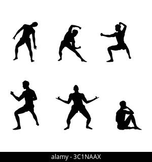 Silhouette ensemble de six hommes dans les postures d'arts martiaux et de méditation Illustration de Vecteur