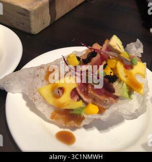 4 mars 2019 - Orlando, Floride, États-Unis - Tuna Tataki est l'une des nouvelles offres alimentaires du festival Epcot Flower and Garden qui ouvre le 6 mars. Avec un pappadam croustillant de farine de riz mince comme base, il a du thon rare mariné dans un glaçage épicé de yuzu aux agrumes, avec de la mangue, de l'avocat, un morceau de racine de lotus mariné et du caviar. Trouvé dans la nouvelle cuisine extérieure Citrus Blossom à Showcase Plaza. .Photo : Sharon Kennedy Wynne (crédit image : © Sharon Kennedy Wynne/Tampa Bay Times via ZUMA Wire) Banque D'Images