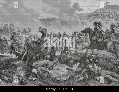 Bataille de Ligny, Belgique (16 juin 1815). Engagement entre les troupes françaises dirigées par Napoléon Ier et l'armée prussienne dirigée par Gebhard von Blücher. Conclu par une victoire française. Fin de la bataille de Ligny : le cheval du général Blücher est abattu pendant la charge des cuirassiers et tombe de lui. Dessin de Philippoteaux. Gravure de Pontenier. Histoire du Consulat et de l'Empire, par A. Thiers. Volume IV. publié à Barcelone, 1879. Banque D'Images
