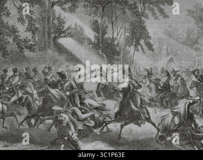 Bataille de Rocquencourt (1er juillet 1815). Engagement de cavalerie qui a eu lieu dans et autour des villages de Rocquencourt et le Chesnay. Les dragons français, sous les ordres du général Exelmans, détruisent une brigade de hussards prussiens dirigée par le lieutenant-colonel Friedrich Georg von Sohr (qui est grièvement blessé et fait prisonnier pendant les combats). Combat du général Exelmans contre la cavalerie prussienne à Rocquencourt. Dessin de Philippoteaux. Gravure de Pontenier. Histoire du Consulat et de l'Empire, par A. Thiers. Volume IV. publié dans Barce Banque D'Images