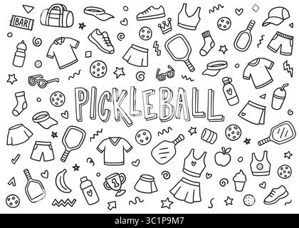 Jeu de compilation d'icônes de doodle de Pickleball. Ensemble d'illustration de doodle vectoriel pour le web, la conception de t-shirt, toute autre utilisation de conception graphique Illustration de Vecteur